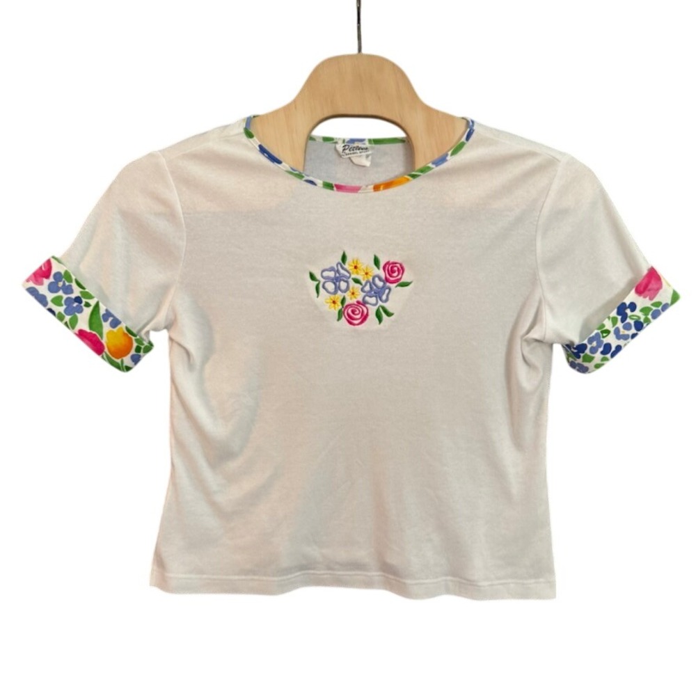 Petites by Sanibel Sport White Floral Embroidered T-Shirt Vintage Large USA